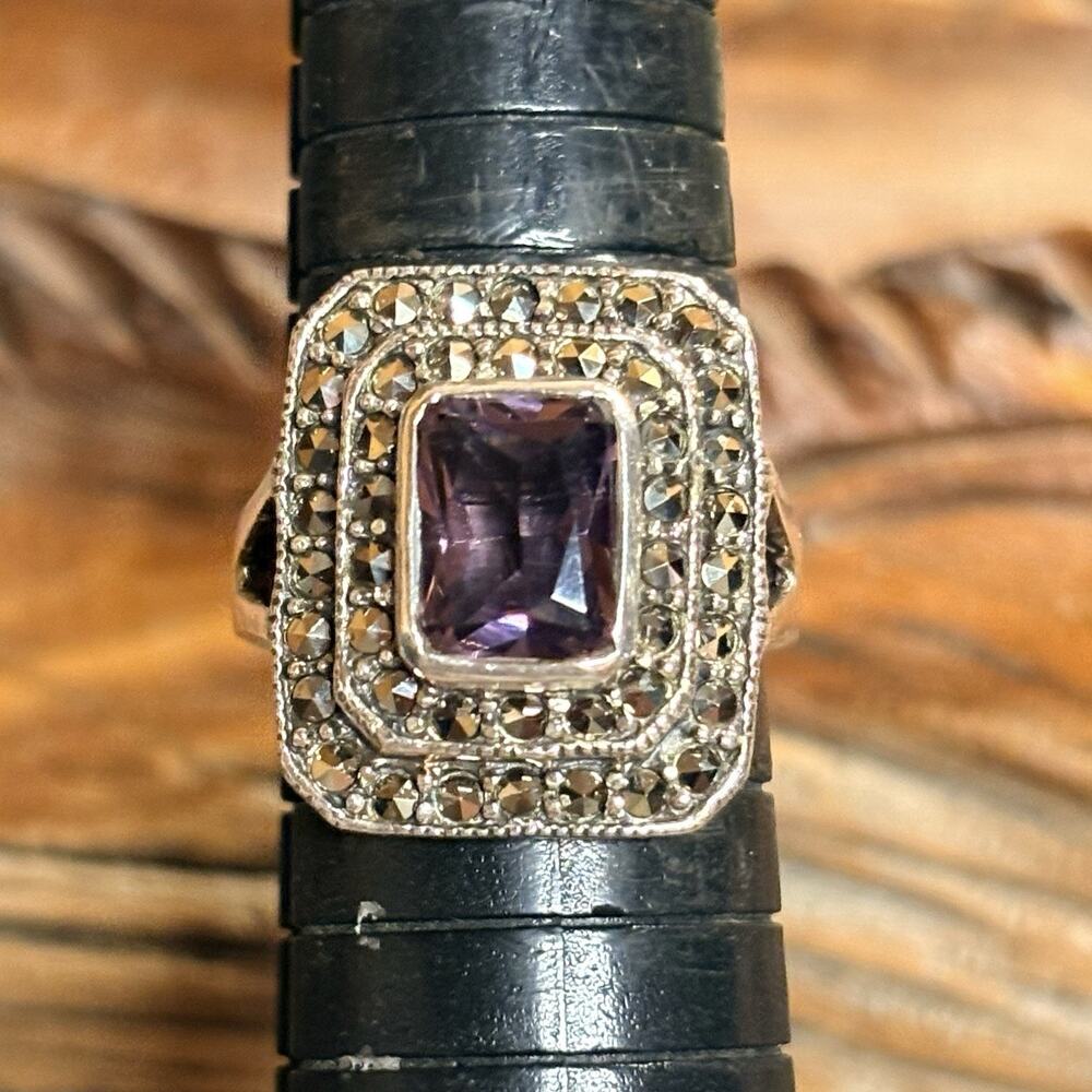 Sterling Silver, Amethyst and Marcasite Ring Size 8 Vintage